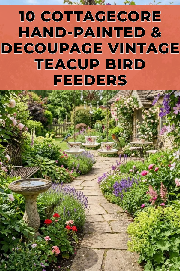 10 Cottagecore Hand-Painted & Decoupage Vintage Teacup Bird Feeders
